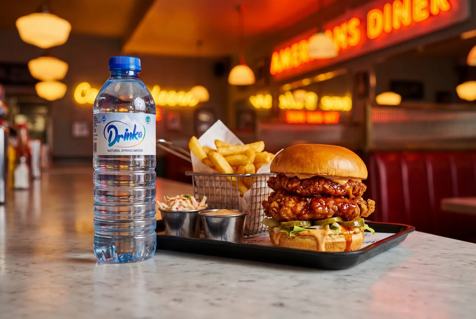 Drinka spring water served alongside a restaurant meal